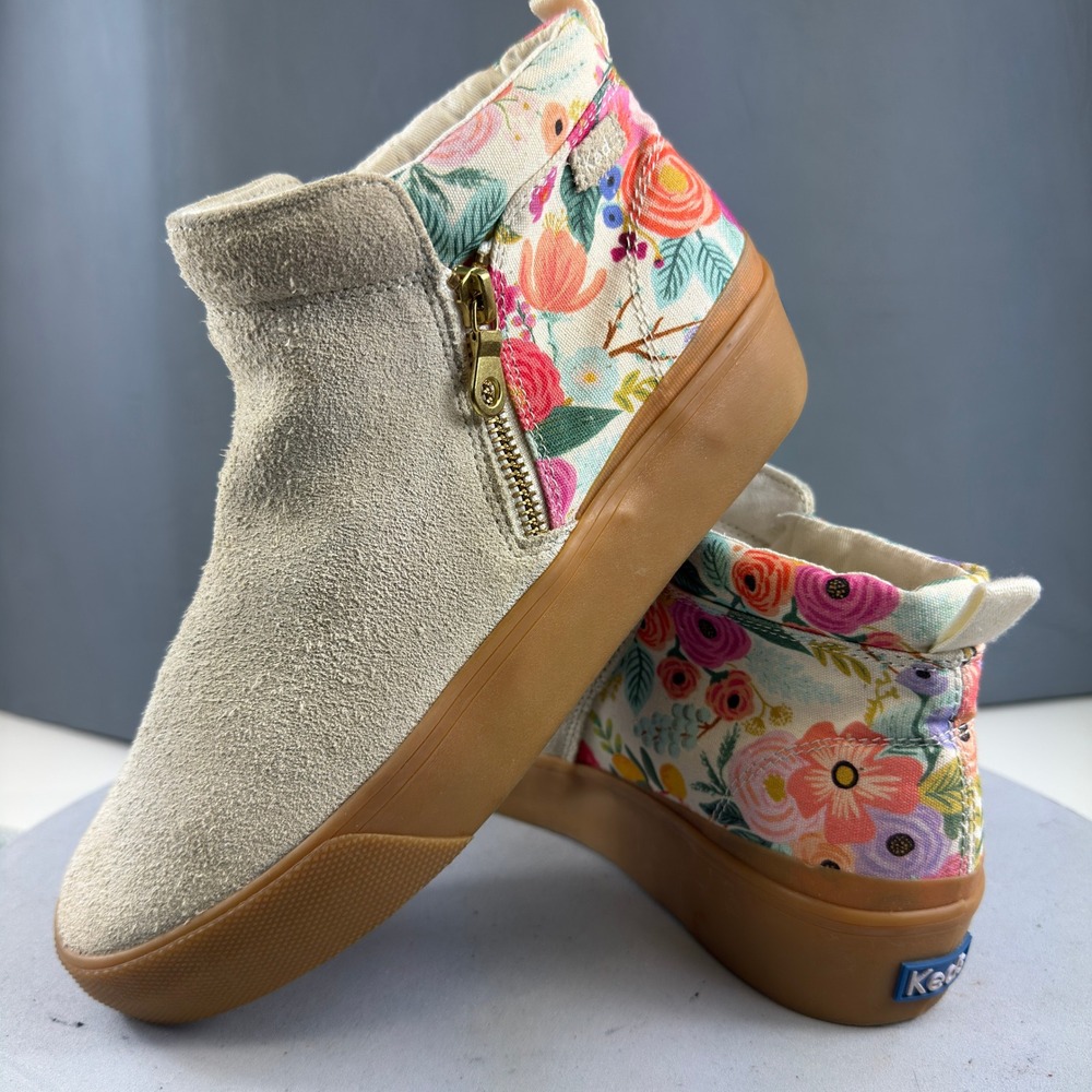 Keds Rifle Paper Co Jump Kick Duo Womens 8.5 Tan Floral Suede Sneaker WH67126